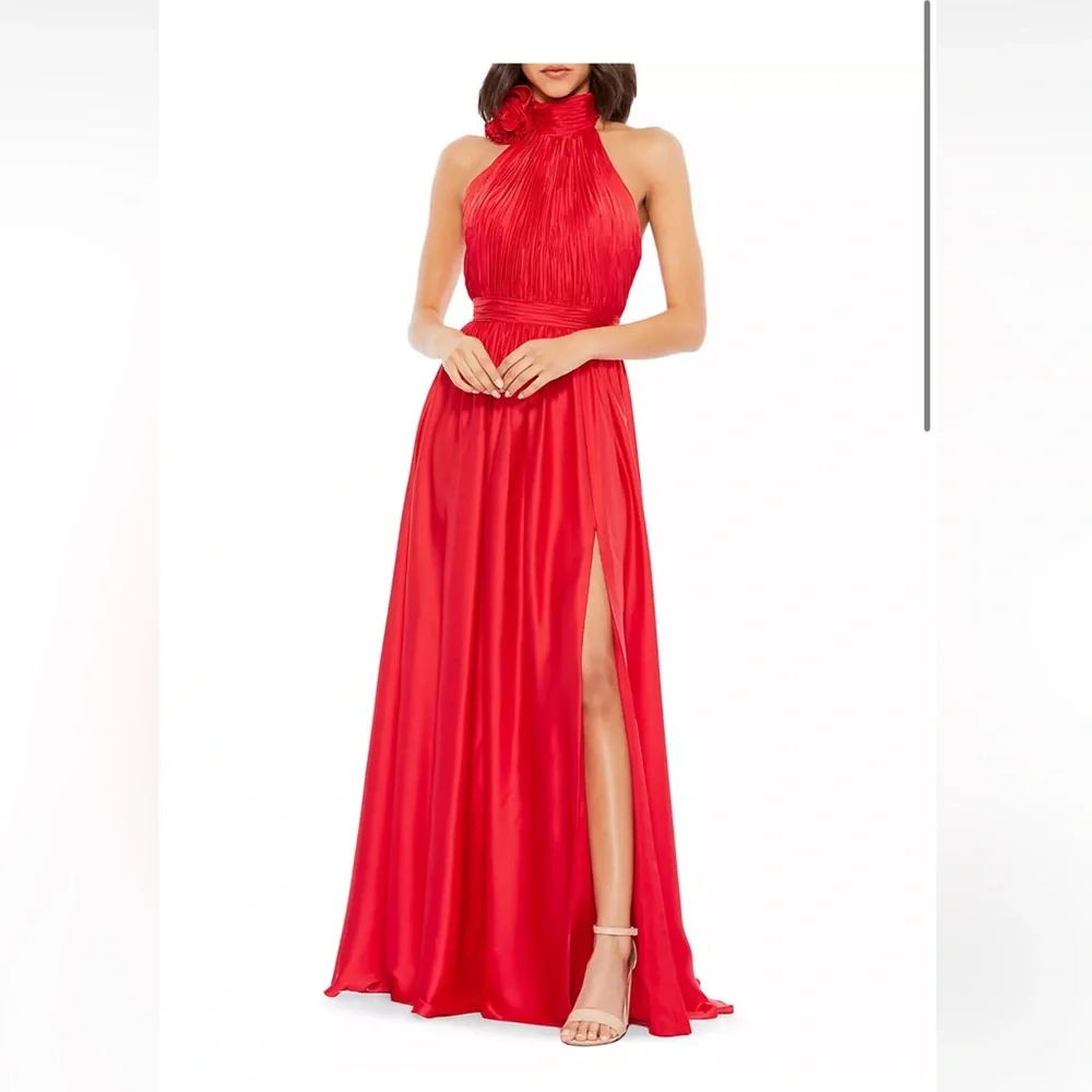new mac duggal chiffon halter rosette pleated gown in cherry red